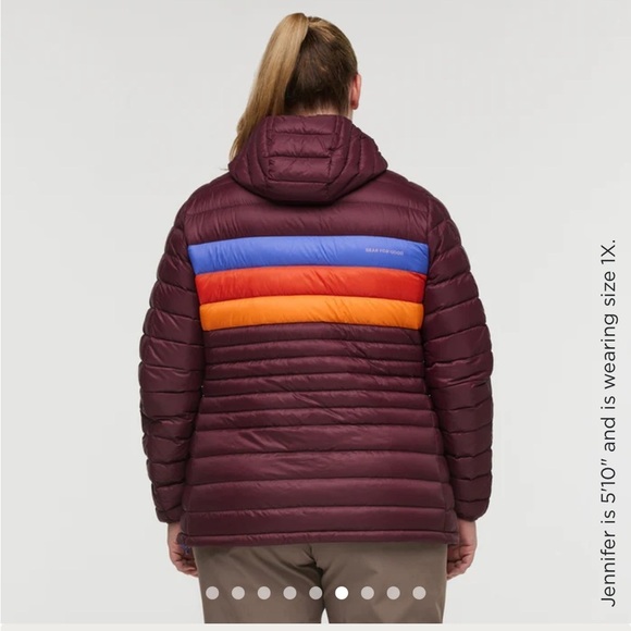 Cotopaxi Women's 1X Fuego Hooded Down Jacket Wine Stripes Maroon Blue NWT - Picture 8 of 15